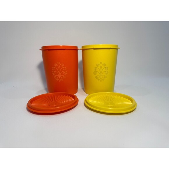 VTG Tupperware Orange Yellow Servalier Canister 811 With Lid Seal USA Set 2 - Picture 6 of 8